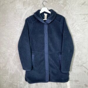 LL Bean Sherpa Fleece Coat Women's Small Reg Navy Lined Snap Button 520164
